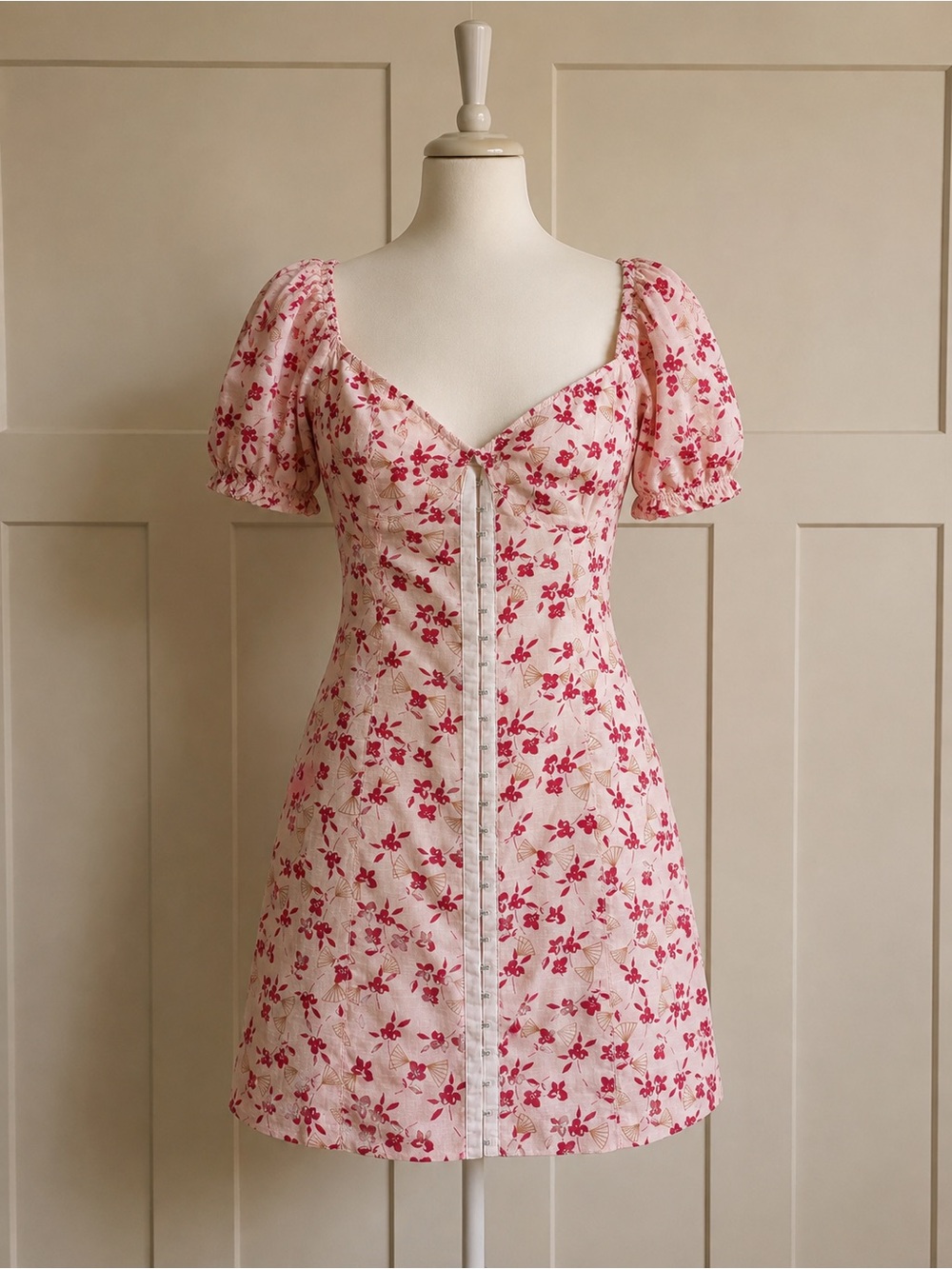 Urban Outfitters Pink Floral Puff Sleeve Hook & Eye Mini Dress